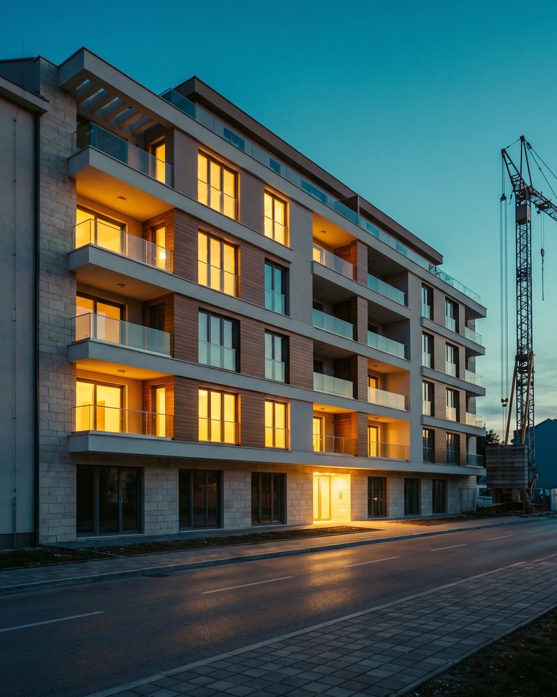 Stambena zgrada u fazama gradnje, od iskopa do gotove zgrade s upaljenim prozorima.